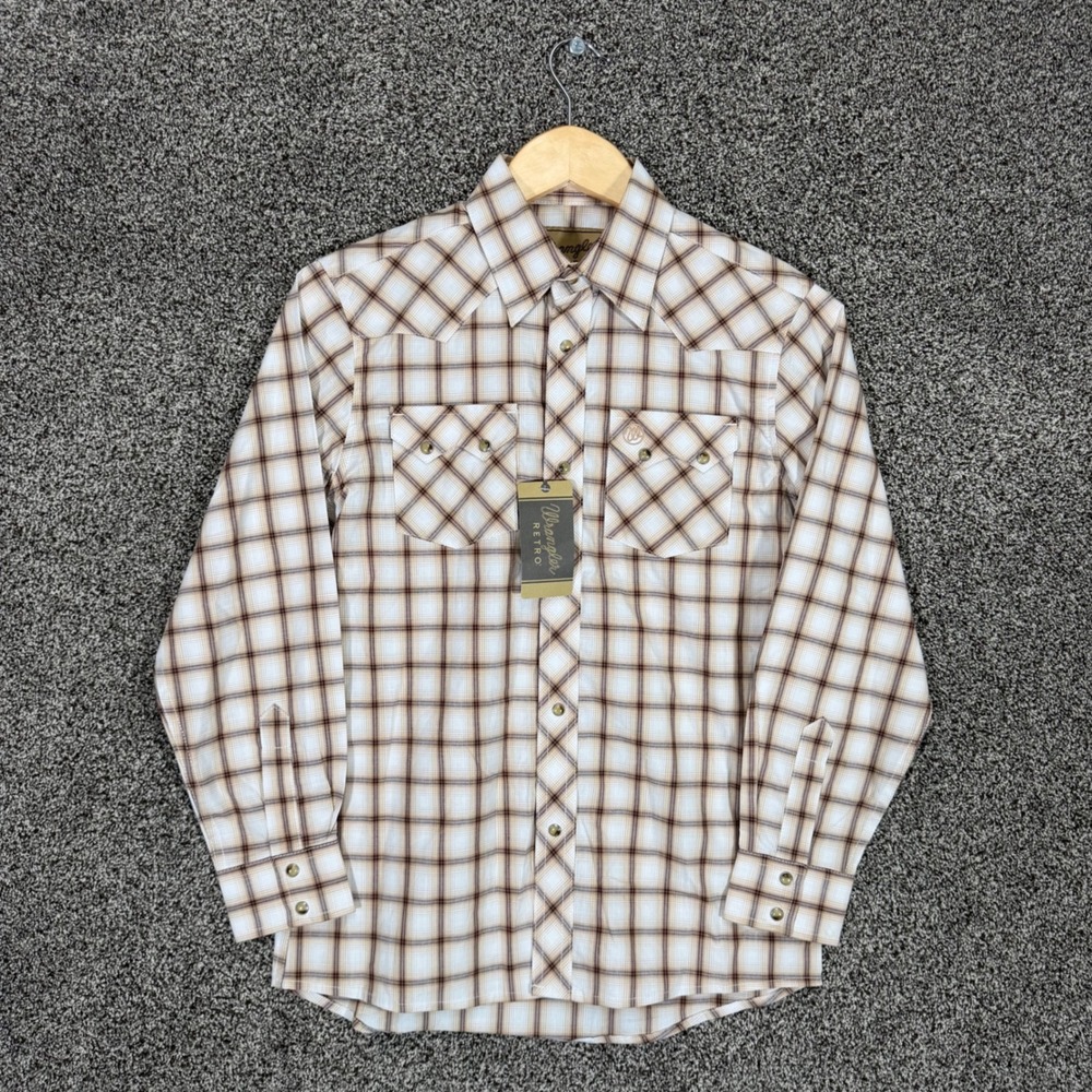 Wrangler Retro Shirt Boys L Tan Plaid Pearl Snap Sawtooth Pockets Western Cowboy